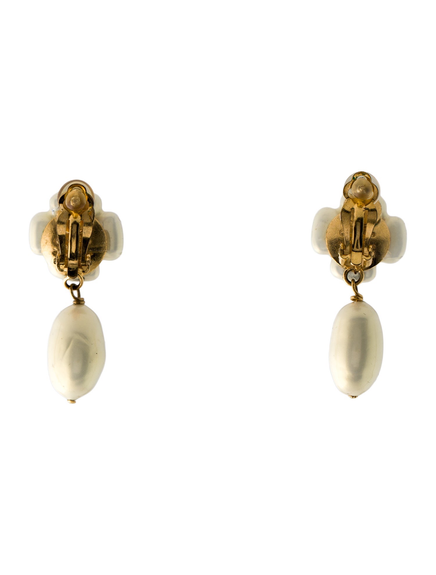 Chanel Vintage Faux Pearl Camelia Drop Clip-On Earrings